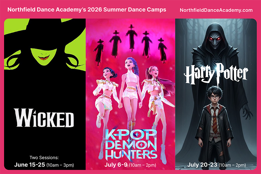 Poster for summer camps - Wicked in June, KPop Demon Hunters in July, and Harry Potter book 6 in August.