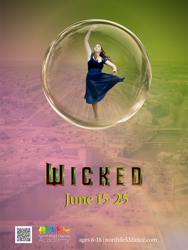Image of girl dancing in a bubble sphere, floating over city of Northfield, MN. Dance camp is June 17-25th, ages 6-18
