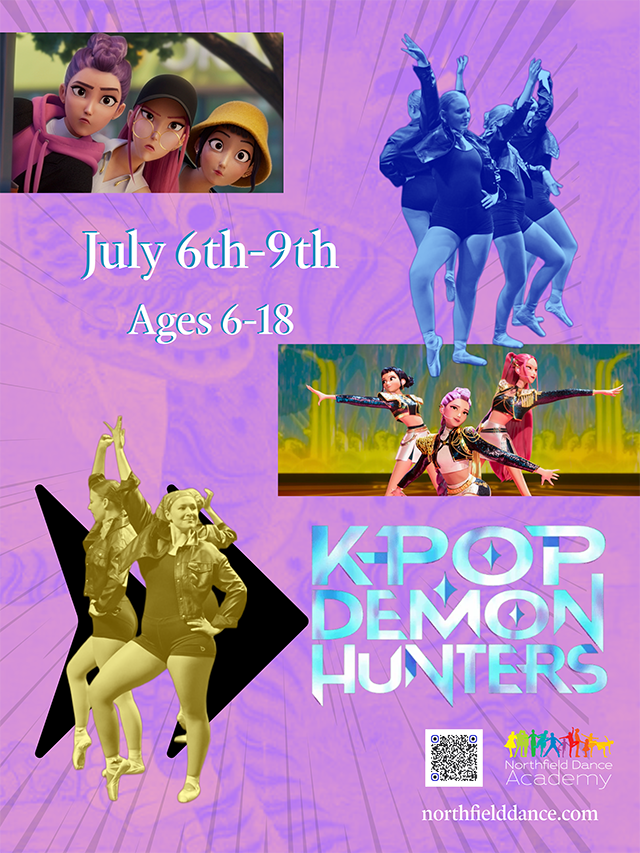 A poster advertizing the kpop demon hunters dance camp, July 6-9th, ages 6-18